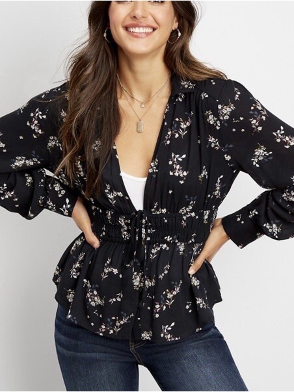 Silver Jeans Black Floral Smocked Peplum Blouse